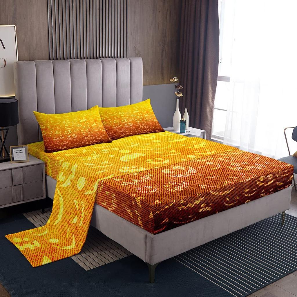 Halloween-Themed Pumpkin Pattern Bed Hat Four-Piece Bedding Set Bedroom Dormitory Bedding Decoration