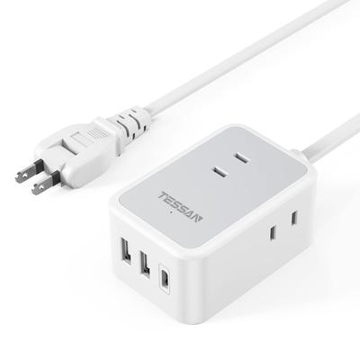 TESSAN 2m Power and Outlet Extension Cord with 3 AC 1 Type C and 2 Type Swing Compact and Perfect for Business Trips and Travel Strip, USB, Outlets,