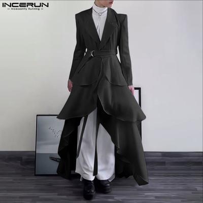 Men Notched Lapel Long Sleeve High Low Splits Irregular Layers Long Tunic Blazer Coats