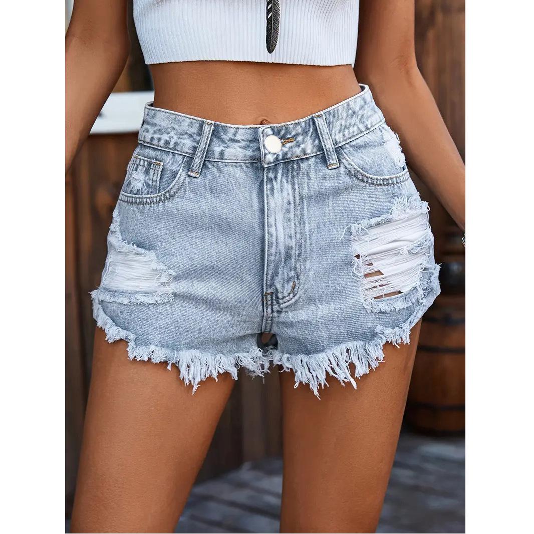 

European & American Plus Size Women s Ripped Street Style Elastic Denim Shorts 5XL светло-синий