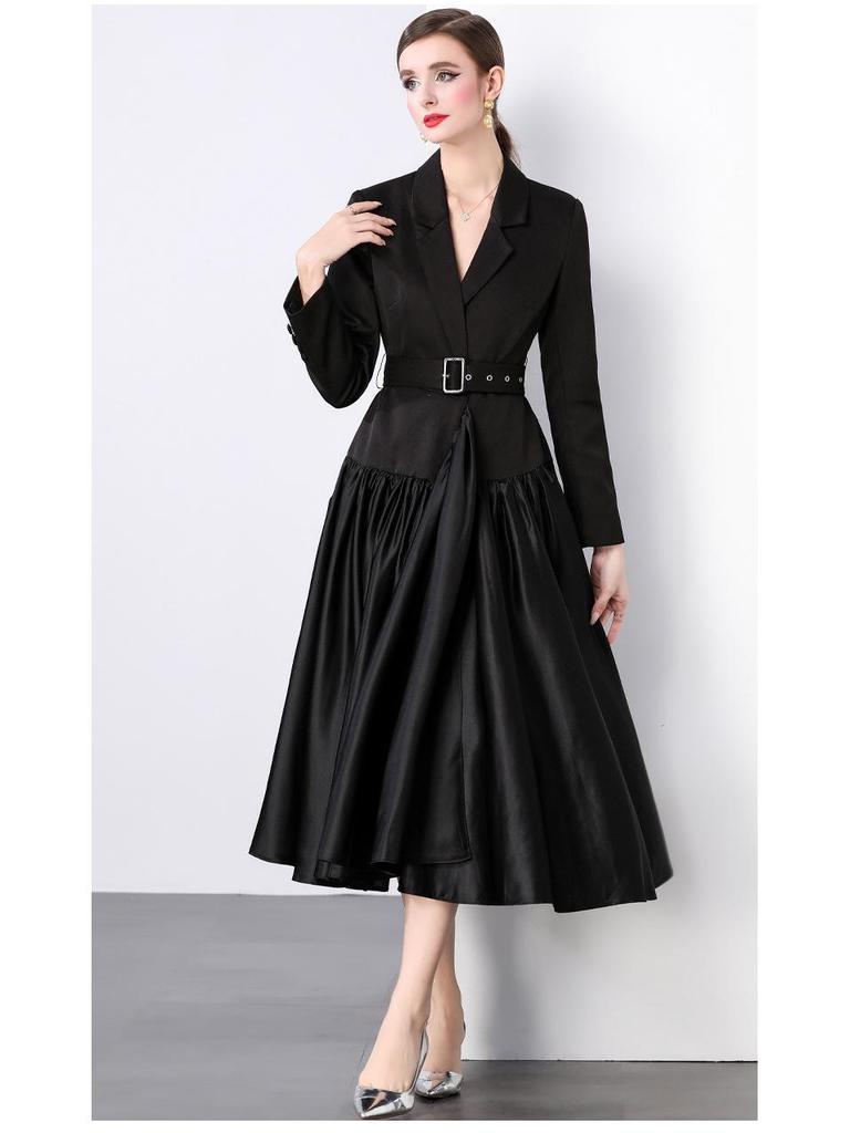 Stylish French Suit Dress with Dramatic Stitching and Midi Swing Design