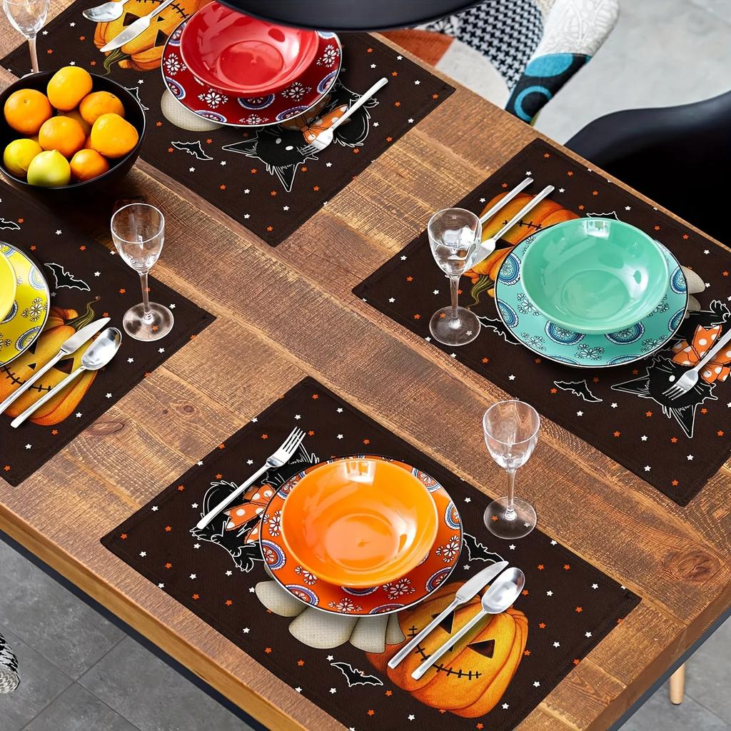 1PC Halloween Themed Linen Meal Mat with Pumpkin Black Cat and Bat Design Anti Slip and Table Mats Suitable Dining