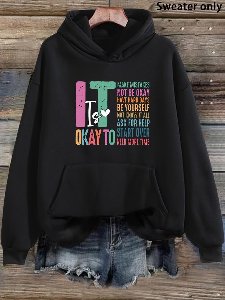 Women'S Casual Alphabet Print Hoodie, Polyester 100% Knit Fabric, Slight Stretch Pullover with Pocket, Fall/Winter Fashion Hooded