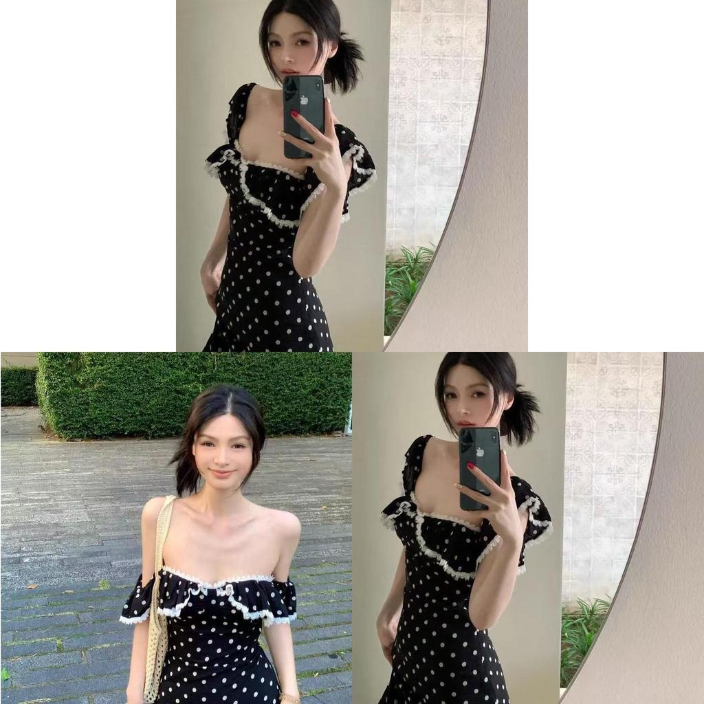 Summer Elegant Black Polka Dot A Line Dress With Short Sleeves For Women