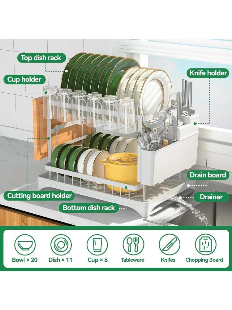 Dish Drying Rack, 2 Tier Dish Racks for Kitchen Counter, Large Drying Rack with Drainboard, Rustproof Dish Drainer Organizer