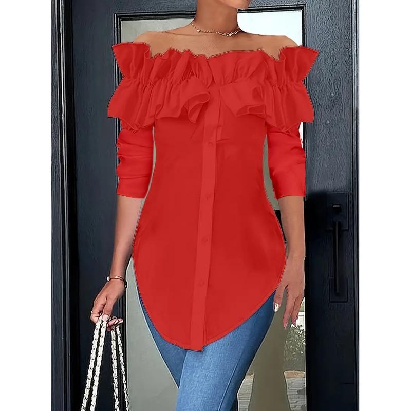 Neues schulterfreies Rüschenlangarmshirt Frühling Damen Casual Unregelmäßige Bluse Einfarbig Slim Fit Mode Büro-Dame Oberteil