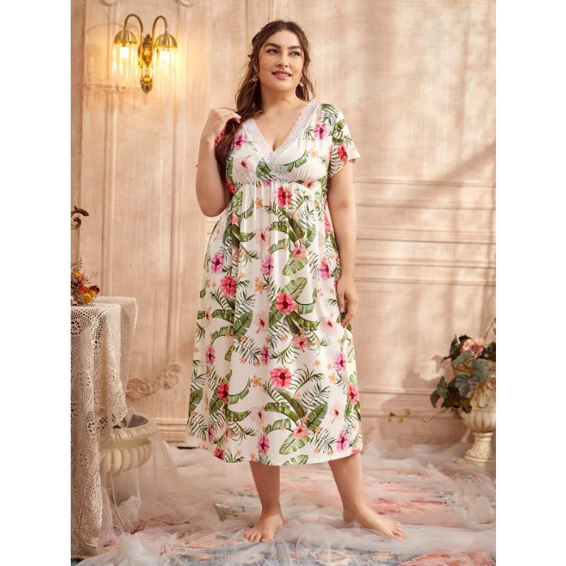 Spring and Summer Large Size Nightdress Women's Homewear Pajamas Lace Splicing V-neck Printed Short-sleeved Nightgowns