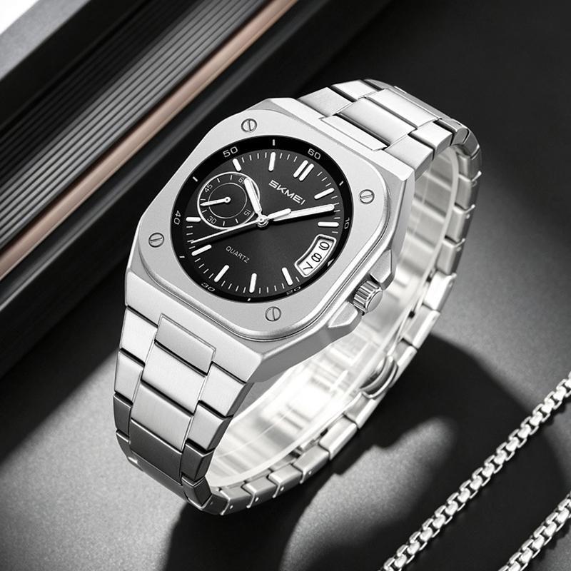 Mens Analog Quartz Wrist Watch Waterproof Luminous Dial Calendar Window Steel Band Square Dress Watches