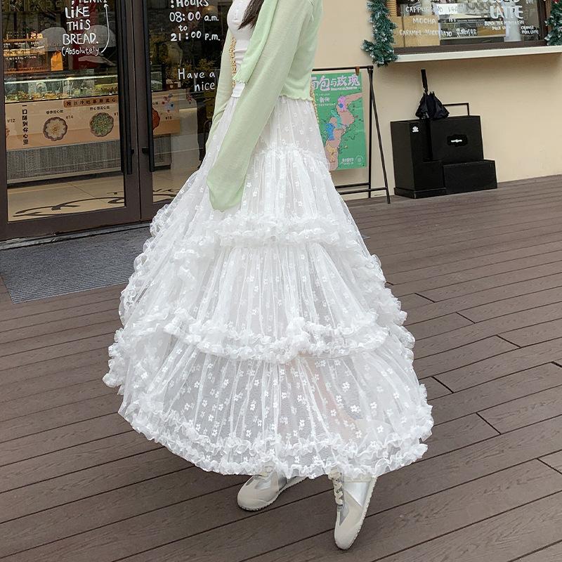 

Qooth White 3 Layer Tulle Skirt Slim A Line Skirt High Waist Midi Skirt Sweet Casual Lace Skirt QT2592 L белый