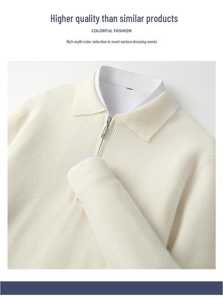 Men's Business Casual Pure Wool Half-Zip Polo Sweater - Autumn/Winter Loose Knit Pullover
