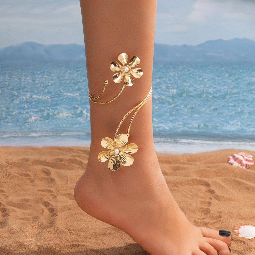 1 Piece Double Flower Imitation Pearl Open Anklet, Adjustable Summer Beach Accessory, Niche Design Ankle Ornament
