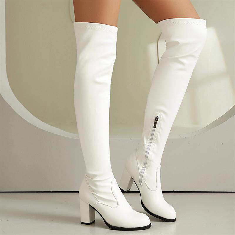 Elastic Women's Thigh High Boots Block High Heels Over-the-knee Boot Black Red White Long Tall Party Shoes Ladies Large Size 48