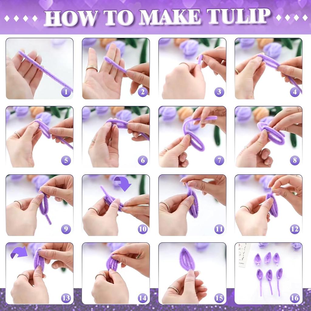 200PCS Tulip Pipe Cleaners for Craft, Chenille Stems with Flower Pole, Flower Core & Gardening Tape, Arts & Crafts for DIY