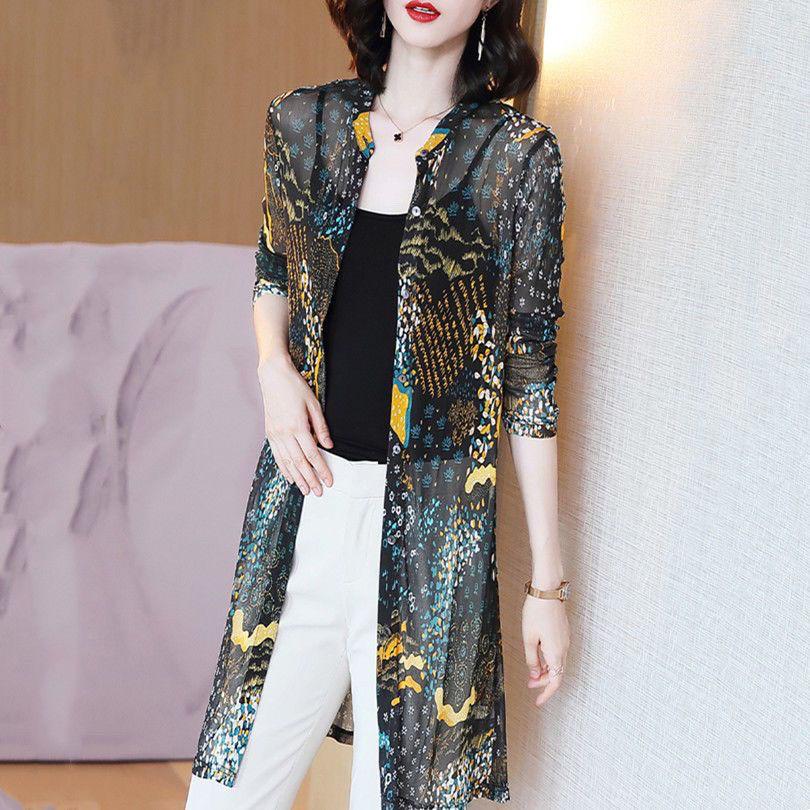 

Солнцезащитная одежда для женщин, летние тонкие куртки, элегантные сетчатые рубашки с принтом, кардиганы больших размеров 4XL