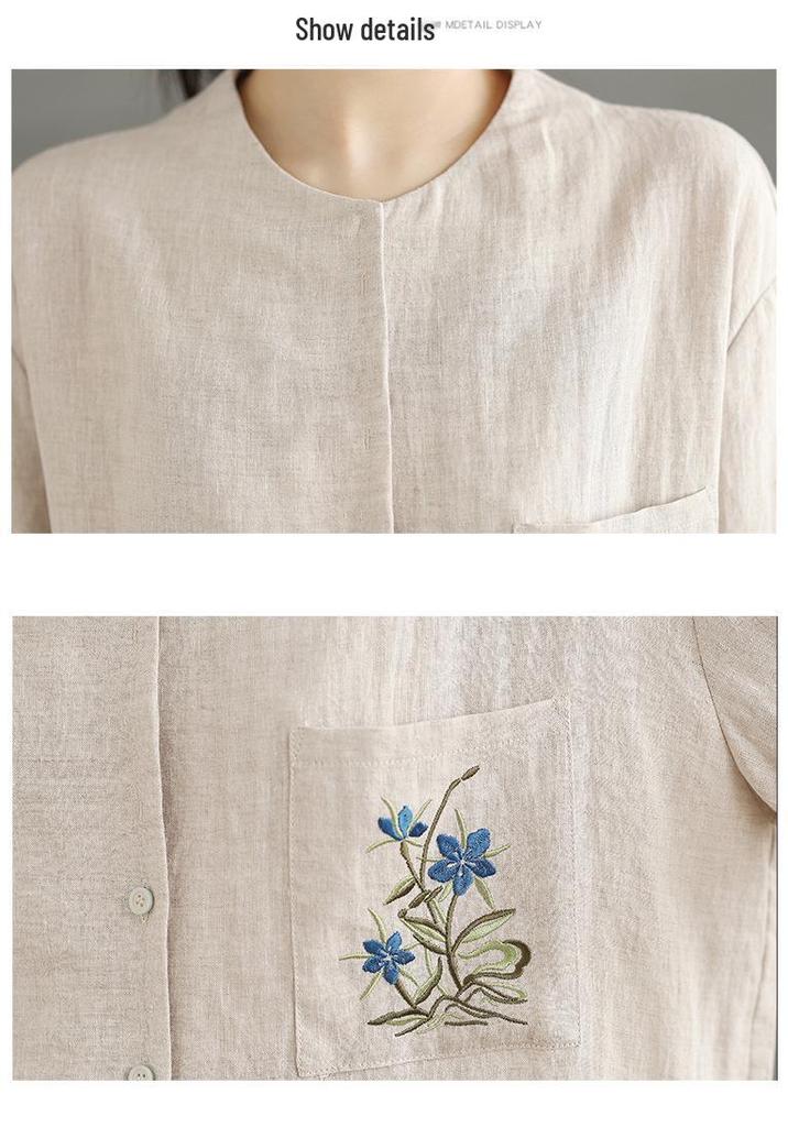 Rain Dew Hemp Embroidered Cotton Linen Long Sleeve Women's Casual Shirt - Chinese Style Artistic Top