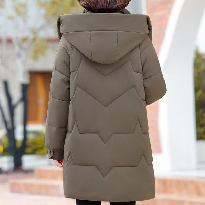 Dámské zimní kabáty středního věku s kapucí ve velkých velikostech svrchní oděvy volné elegantní dlouhé parky tlusté teplé dámské bundy