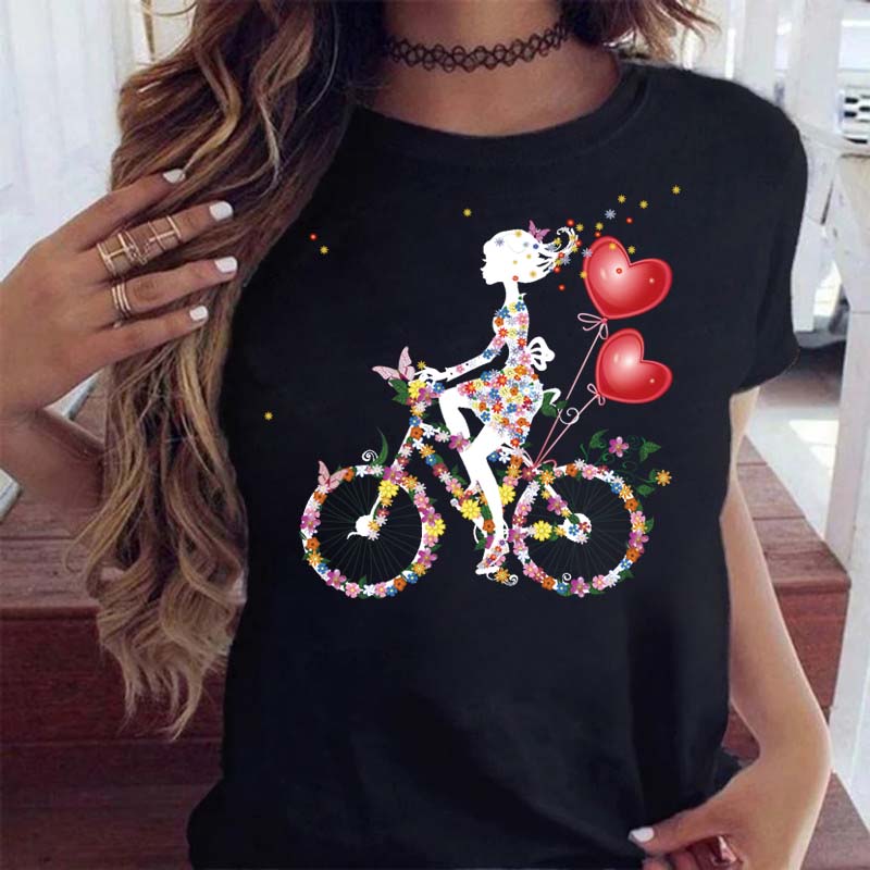 Woman Funny Bicycle Floral Print T Shirt Harajuku Women Tshirts Casual O-Neck Short Sleeves Tops Tees Shirt,Drop Shipping