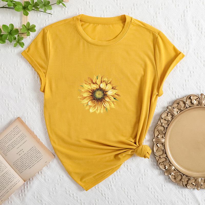 Summer Women's Fashionable Sunflower Print Short Sleeved Casual Loose Cotton Round Neck Top