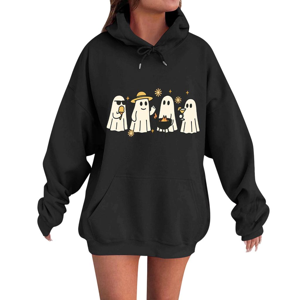 Women's Casual Fashion Comfortable Round Neck With Hood Long Sleeve Halloween Print Warm Sweatshirt
