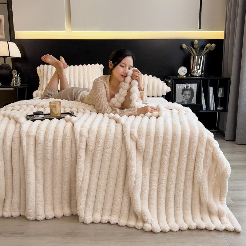 

2026 Luxurious Solid Color Striped Rabbit Fur Blanket 100×150cm [Single Piece]