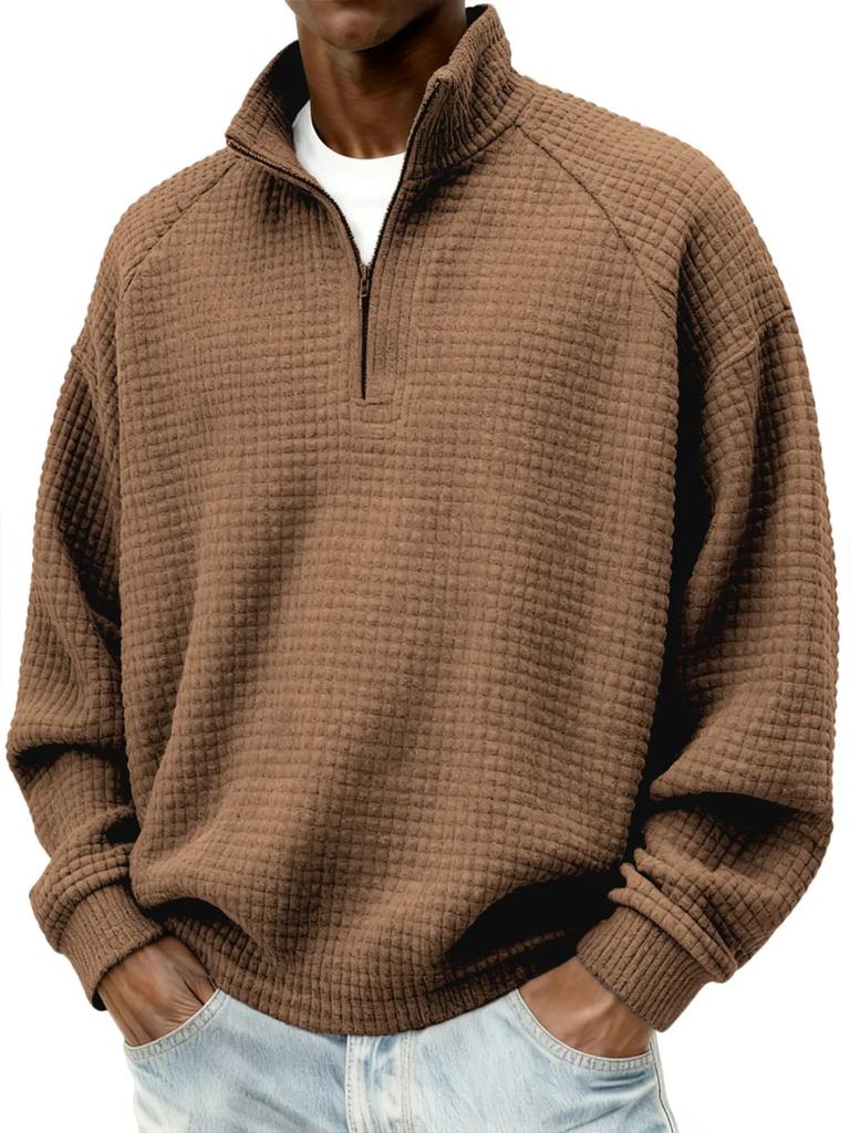 Men's Vintage Check Textured Zip Sweatshirt Stand Collar Long Sleeve Casual Pullover