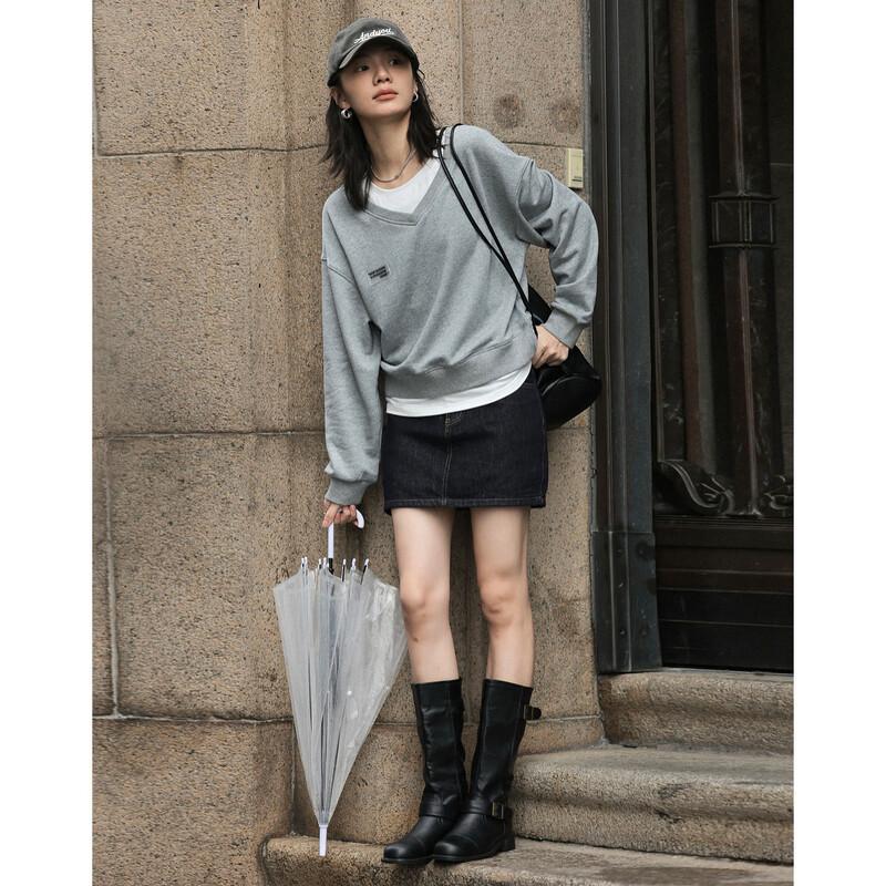 Demana Women's Color Block Faux Two-Piece Spliced Round Neck Sweatshirt