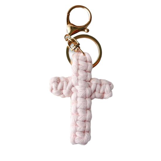 Handmade Christian Cross-shaped Keychain with Golden Ring Compact Comfortable Prayer Pendant Religious Accessory