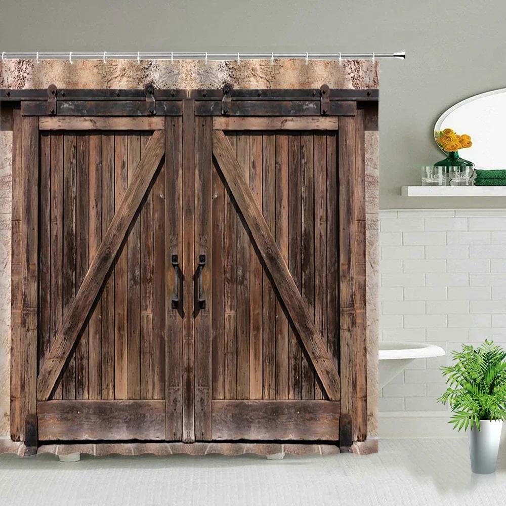 Retro Wood Doors Shower Curtain Set Rustic Old Vintage Barn Door Fabric Bathroom Curtains Farmhouse Bath Decor Bath Screens Ho