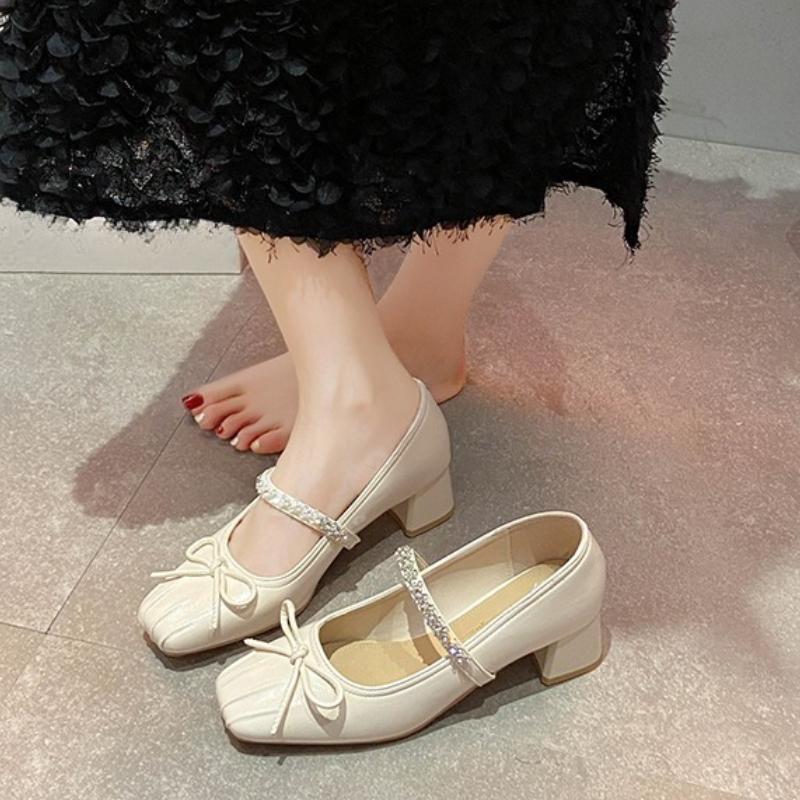 Fashion 2025 New Heel Women's Ivory  Leather Square Toe Mid Block Heel Mary Jane Strap Shoes  Bow Knot Buckle Casual Retro Fashion