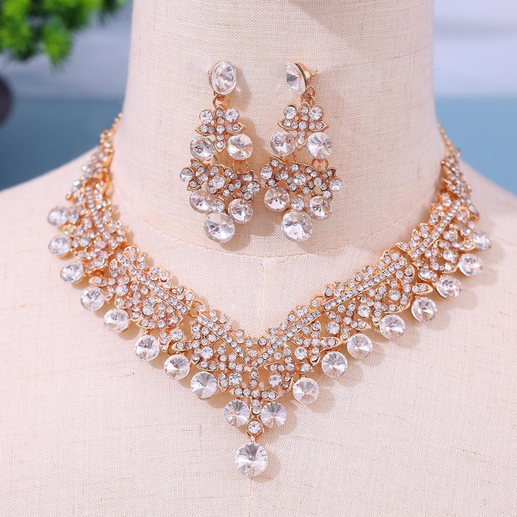 [Small batch customization] Cross-border exquisite bridal jewelry two-piece party dress wedding collarbone necklace earrings