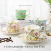 Ceramic Coffee Cup and Saucer Set 270ml Floral Bird Pattern Gold Rim for Tea 4 Colors