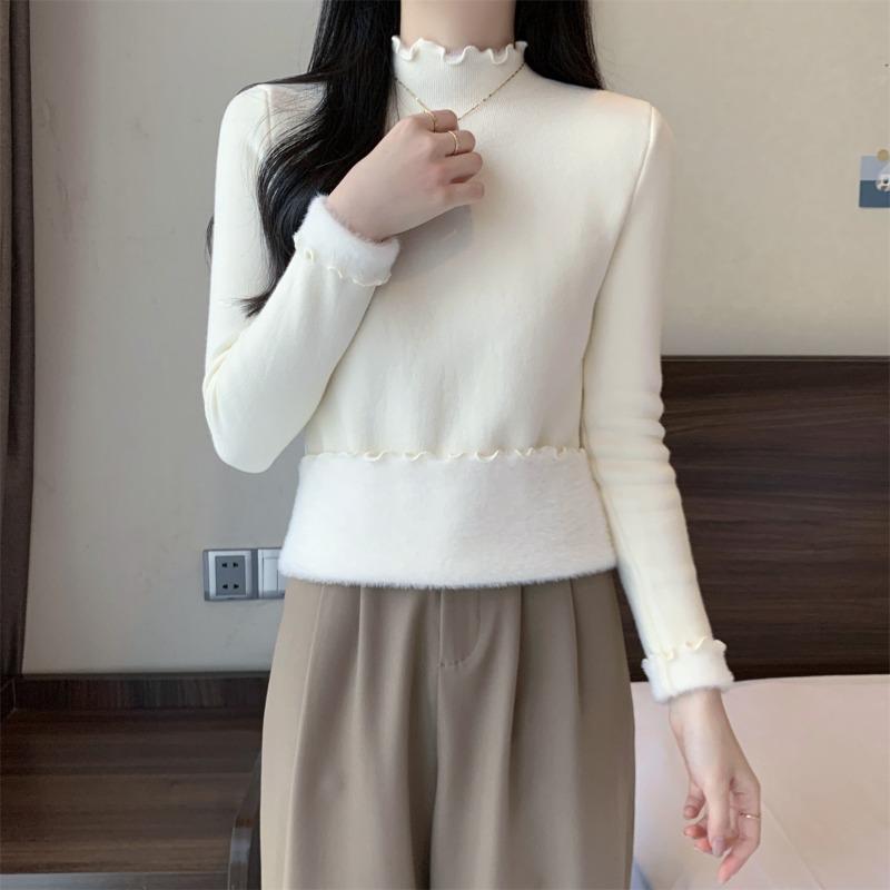 Autumn and winter warm semi-turtleneck knitted sweater women's fungus edge fleece sweater simple and versatile inner backing top