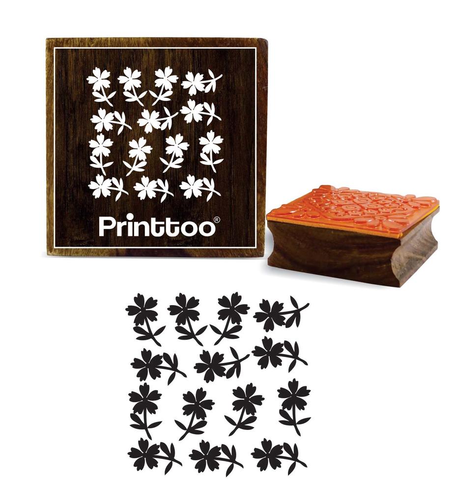 Printtoo Brown Wooden Rubber Stamp Square Floral Pattern Craft Textile Stamps-2 x 2