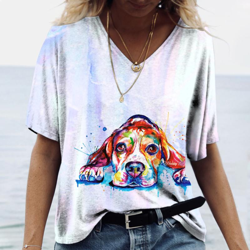 Summer New Women‘s T-shirt Animal Harajuku 3d Print Fashion V-neck Short Sleeve Quality Oversized T-shirt Females Tops Tees