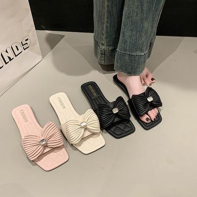 Large Size Flat-bottomed Slippers Women's Summer New Bow Versatile Fashion Drag Outer Wear Women's Drag Tide