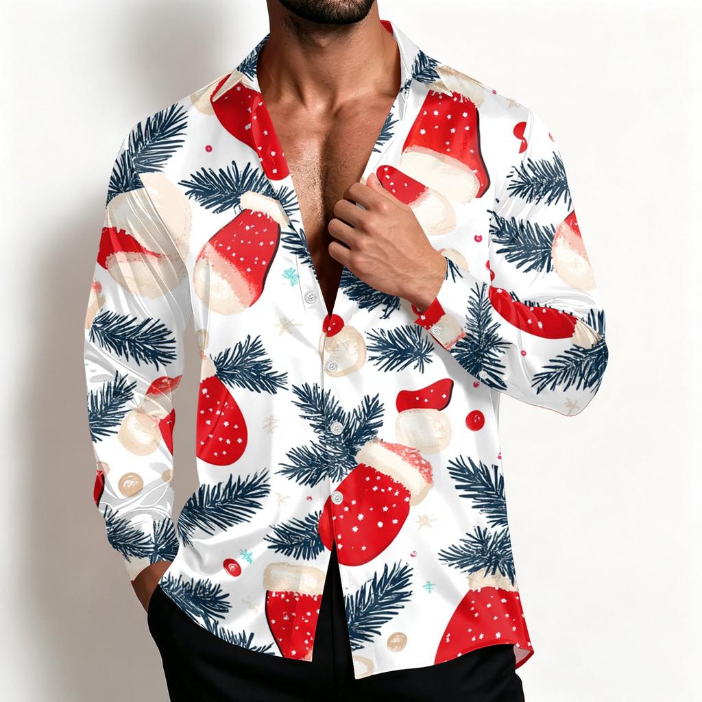 Men's Casual Christmas Shirt Jacket with Turn-Down Collar, Loose Fit, Breathable for Spring and Fall