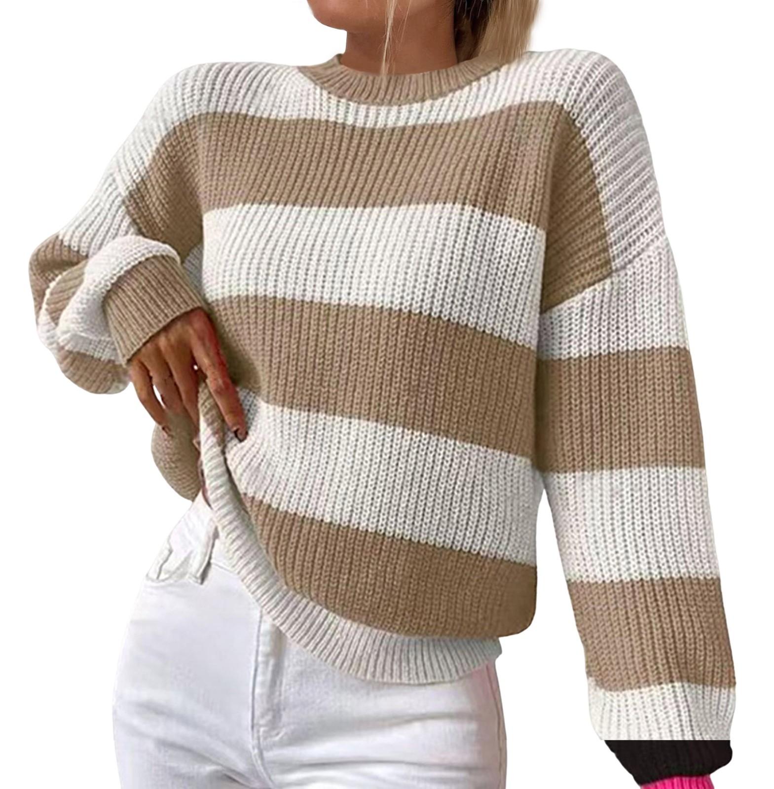 

Женский повседневный полосатый свитер с длинными рукавами, пуловер с круглым вырезом, топ-свитер S хаки