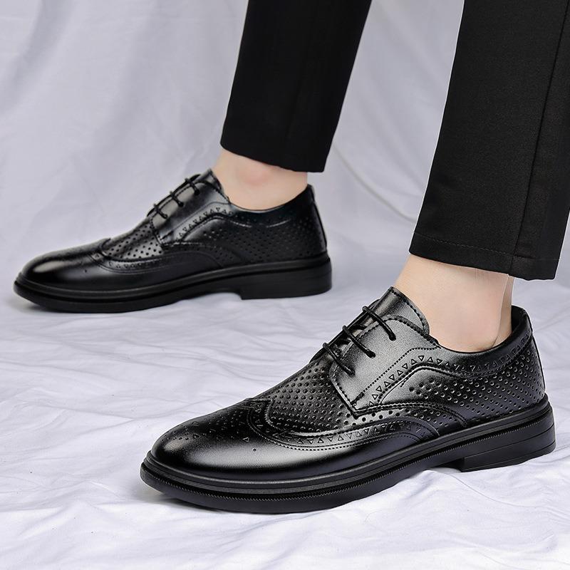 Men's Business Casual Leather Shoes Lace-Up Classic Derby Shoes Fashion British Pointed Brock