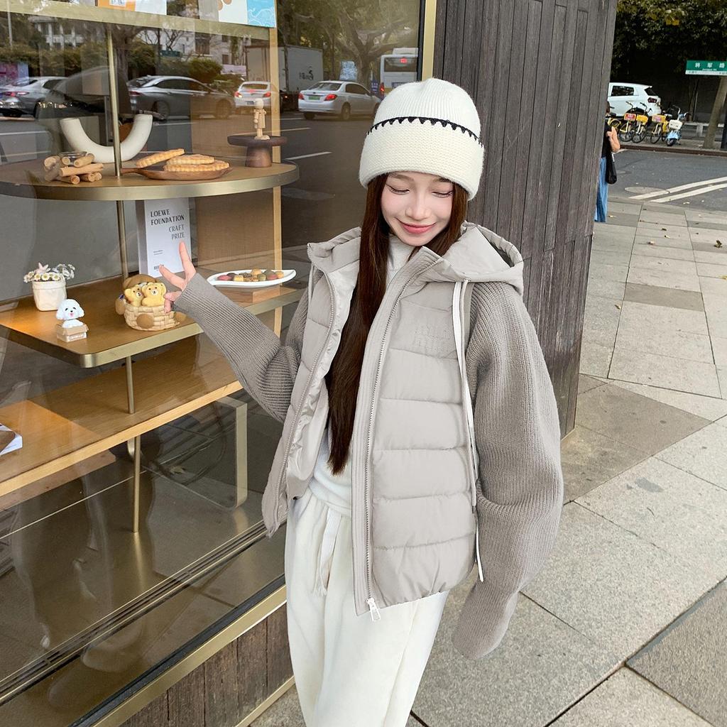 Women's 2026 Knitted Patchwork Sleeve Cotton Jacket - Short, Two-Piece Style, Autumn/Winter New Fashion Outerwear