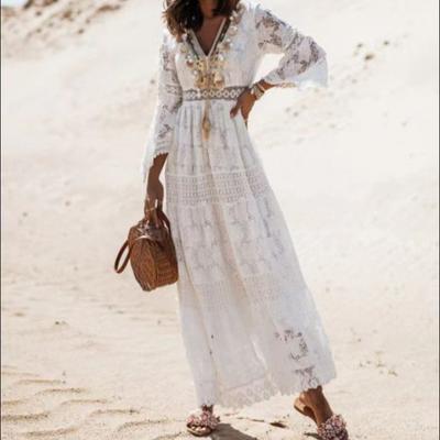 Damen Sommer Vintage Fransen Spitze Spleißen Casual Urlaub Strand Lange Kleider