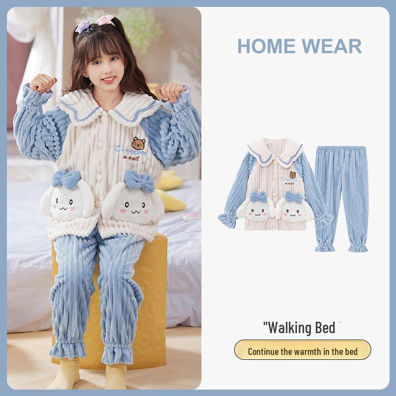 Kids' Flannel Cartoon Pajamas - Warm Coral Fleece for Girls, Autumn/Winter Collection