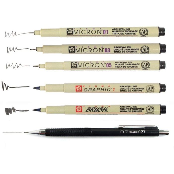 Set of 6 Black Felt-Tip Pens and Mechanical Pencil - Manga Set - Sakura Pigma