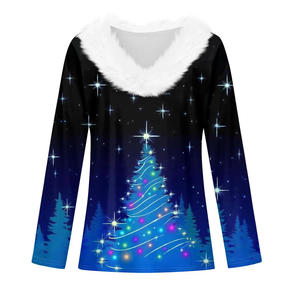 Women's Fashion Casual Long Sleeve Christmas Printed Plush Collar V-Neck Top