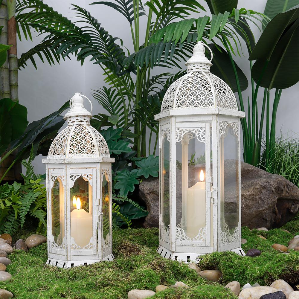 Set of 2 Vintage Hanging White Lantern Garden Metal Lantern for Wedding Decoration