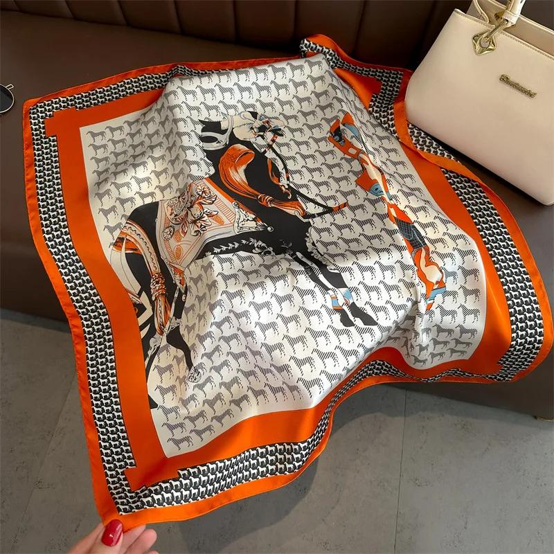Horse Printing Silk Scarf Hijab Women Luxury Design Square Scarf Girl Ribbon Hairband Neckerchief Foulard Hair Band 70*70Cm