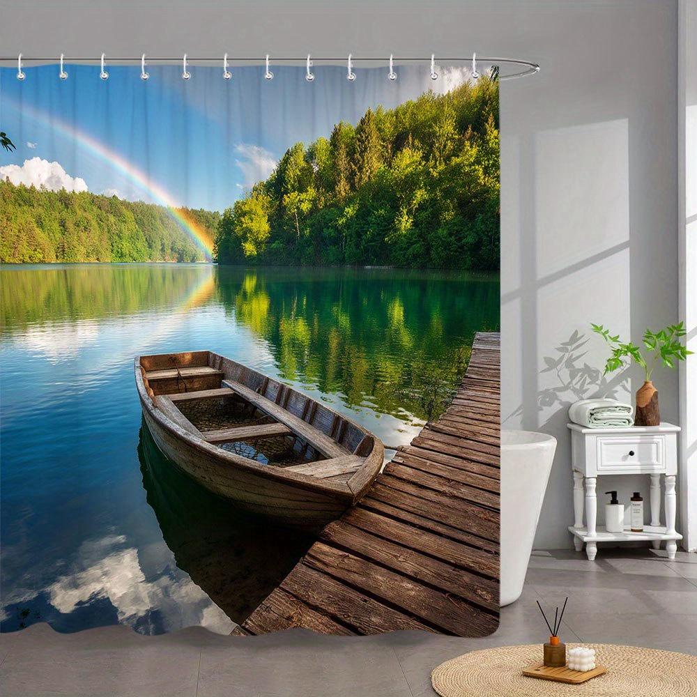 

1Pc Serene Lakeside Scene Shower Curtain - Rustic Wooden Rowboat, Weathered Dock, Calm Turquoise Water, Lush Green Forest Reflec W60H190(CM)-1 Pcs