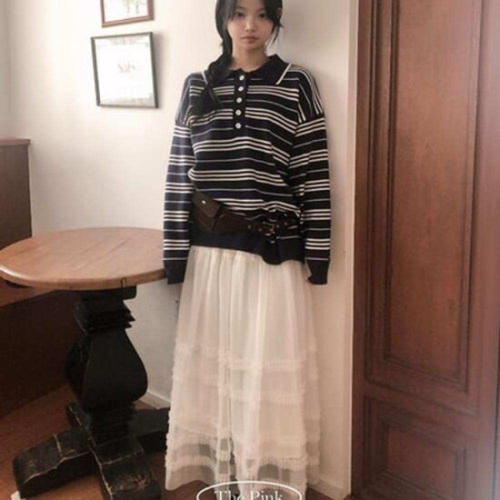 The Pink Loose Fit Stripe Button Collar Knit