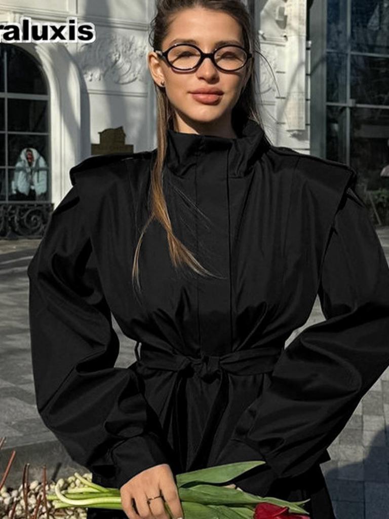 Boutique Design Aesthetic Autumn & Winter Loose Fit Slimming Belted Long Sleeve Stand Collar Commute Versatile Windbreaker Jacket