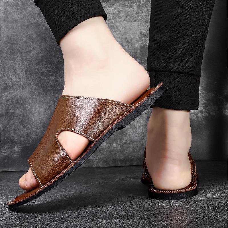 Men's Genuine Leather Cross Strap Slip-on Slippers, Size 46-47, Non-slip Outdoor Beach Flip Flops