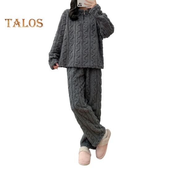 

Комплект из 2 предметов унисекс, зимняя пижама, воротник-стойка, однотонная застежка-молния, утолщенный коралловый флис, домашняя одежда, пальто, брюки, комплект, свободная домашняя одежда, ночная одежда